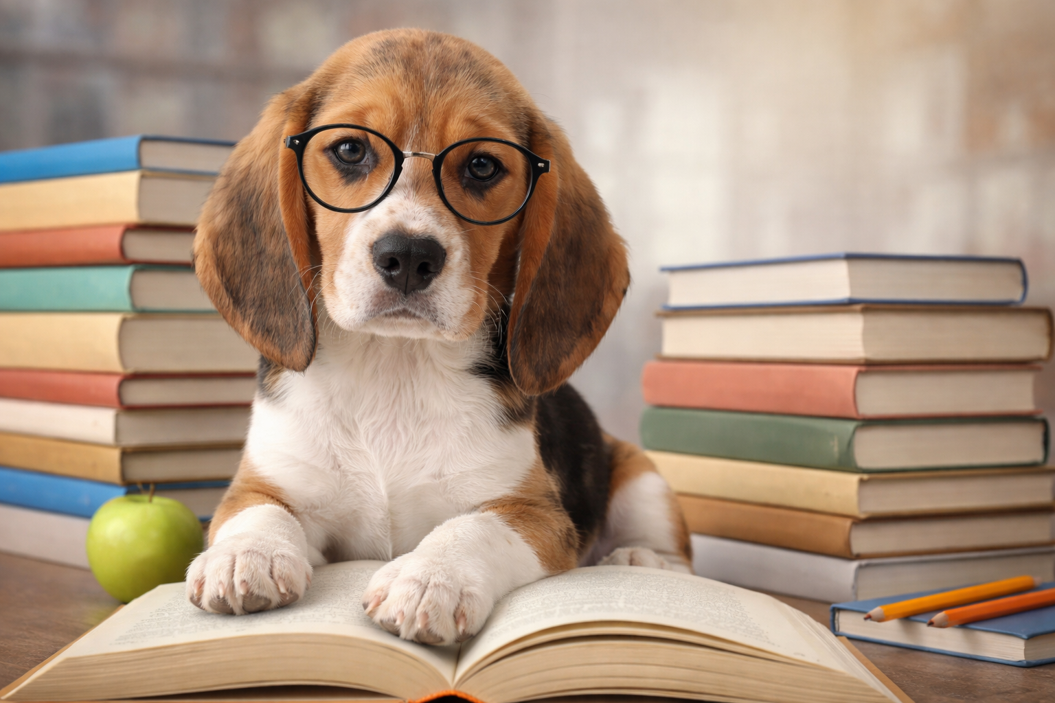 Filhote ao lado de livros